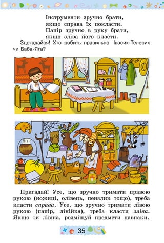 35
Інструменти зручно брати,
якщо справа їх покласти.
Папір зручно в руку брати,
якщо зліва його класти.
Здогадайся! Хто робить правильно: Івасик-Телесик
чи Баба-Яга?
Пригадай! Усе, що зручно тримати правою
рукою (ножиці, олівець, пензлик тощо), треба
класти справа. Усе, що зручно тримати лівою
рукою (папір, лінійка), треба класти зліва.
Якщо ти лівша, розміщуй предмети навпаки.
 