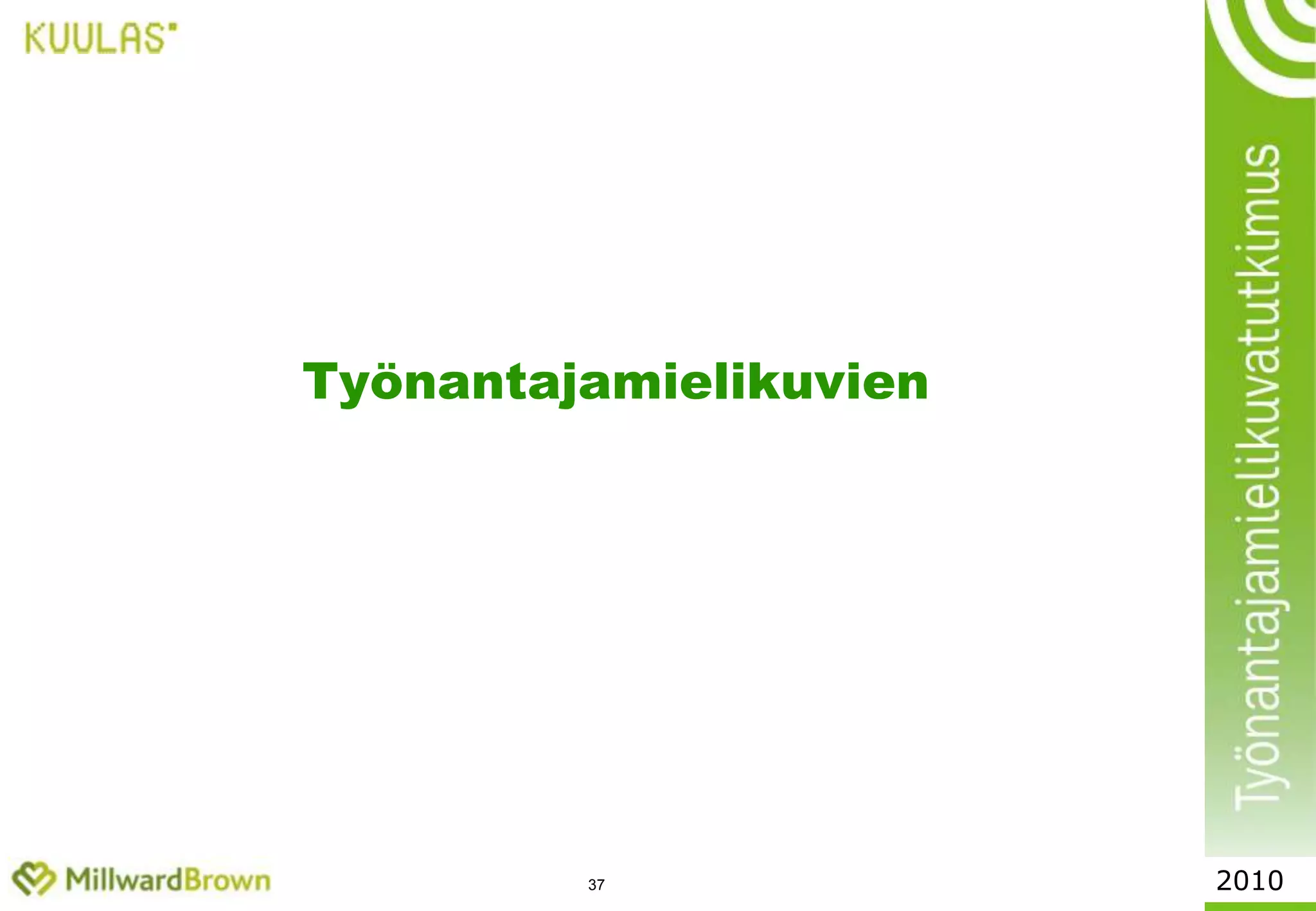 33Metalli/koneteollisuudessa työskentelevien suosikkityönantajat,Mieluinen työnantaja % vastaajistaKone			59%Metso			54%Wärtsilä		51%Konecranes		47%ABB			44%Cargotec		38%Sandvik Mining		37%Rautaruukki		36%Patria			34%Kalmar Industries	31%Neste Oil		30%2010