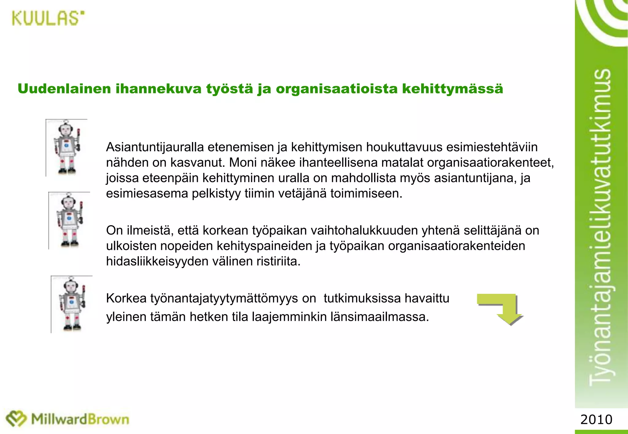 Työpaikan vaihtohalukkuus korkealla tasolla	Kartoittaa aktiivisesti työpaikan vaihtomahdollisuuksia		13%	Voisi vaihtaa jos sopiva tulisi kohdalle			61%	Ei haluaisi vaihtaa työpaikkaa juuri nyt			26%Tähänastisiin matalasuhdanteiden lukuihin nähden 13% on noin kaksinkertainen;	minkä lisäksi ”joka kahdeksas kartoittaa aktiivisesti” on poikkeuksellisen korkea	tukevasti työssä olevien ylempien toimihenkilöiden keskuudessa yleensäkinSama tulos näkyy johdonmukaisesti myös rekrytointikanavien seuraamisena ja asioimisena.  Vapaiden työpaikkojen mahdollisuuksien kartoittaminen on kasvanut kaikissa kanavissa, lehdissä, verkossa, mahdollisuuksien kuulosteluna tutuilta ja suorina yhteydenottoina2010