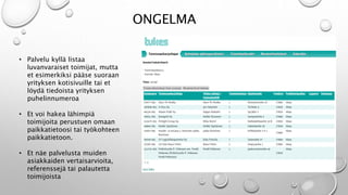 ONGELMA 
? Palvelu kyll? listaa 
luvanvaraiset toimijat, mutta 
et esimerkiksi p??se suoraan 
yrityksen kotisivuille tai et 
l?yd? tiedoista yrityksen 
puhelinnumeroa 
? Et voi hakea l?himpi? 
toimijoita perustuen omaan 
paikkatietoosi tai ty?kohteen 
paikkatietoon. 
? Et n?e palvelusta muiden 
asiakkaiden vertaisarvioita, 
referenssej? tai palautetta 
toimijoista 
 