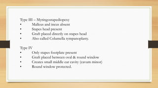 Type III – Myringostapediopexy
• Malleus and incus absent
• Stapes head present
• Graft placed directly on stapes head
• Also called Columella tympanoplasty.
Type IV
• Only stapes footplate present
• Graft placed between oval & round window
• Creates small middle ear cavity (cavum minor)
• Round window protected.
 