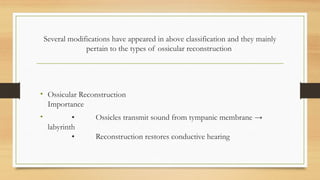Several modifications have appeared in above classification and they mainly
pertain to the types of ossicular reconstruction
• Ossicular Reconstruction
Importance
• • Ossicles transmit sound from tympanic membrane →
labyrinth
• Reconstruction restores conductive hearing
 