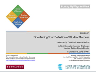 Exercise 1
Fine-Tuning Your Definition of Student Success
developed by Dave Lash & Grace Belfiore
for Next Generation Learning Challenges
Andrew Calkins, Deputy Director
September 18, 2015 DRAFT
MyWays is supported by a grant
from the William and Flora Hewlett Foundation
with additional support from
the Bill & Melinda Gates Foundation.
1
© 2015 EDUCAUSE
This work is licensed under a Creative Commons
Attribution-NonCommercial-NoDerivs 3.0 License.
http://creativecommons.org/licenses/by-nc-nd/3.0/
Putting MyWays to Work
 