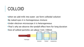 COLLOID
when we add milk into water .we form colloidal solution
By naked eyes it is homogeneous mixture
Under electron microscope it is heterogeneous
That’s why we observe the tyndall effect here for long duration
Size of colloid particles are about 1nm-100nm
 