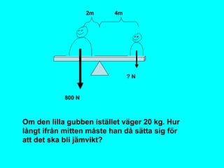 2m 4m
800 N
? N
Om den lilla gubben istället väger 20 kg. Hur
långt ifrån mitten måste han då sätta sig för
att det ska bli jämvikt?
 