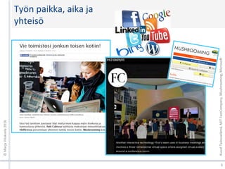 Työn	paikka,	aika	ja		
yhteisö	
©	Marja	Viluksela	2016	
6	
Kuvat	Talouselämä,	MIT	FastCompany,	Mushrooming,	MicrosoW	
 
