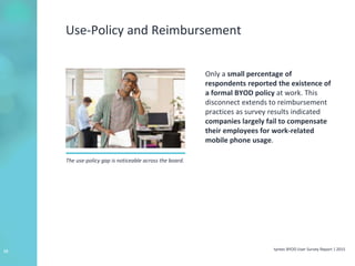 tyntec BYOD User Survey Report | 201515
Use-Policy and Reimbursement
Only a small percentage of
respondents reported the existence of
a formal BYOD policy at work. This
disconnect extends to reimbursement
practices as survey results indicated
companies largely fail to compensate
their employees for work-related
mobile phone usage.
The use-policy gap is noticeable across the board.
 