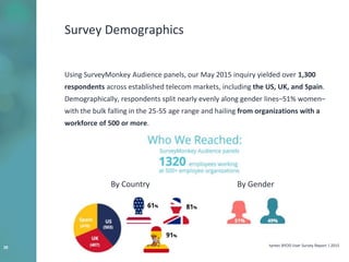 tyntec BYOD User Survey Report | 201528
Survey Demographics
Using SurveyMonkey Audience panels, our May 2015 inquiry yielded over 1,300
respondents across established telecom markets, including the US, UK, and Spain.
Demographically, respondents split nearly evenly along gender lines–51% women–
with the bulk falling in the 25-55 age range and hailing from organizations with a
workforce of 500 or more.
By Country By Gender
 