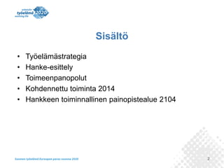 Sisältö
•
•
•
•
•

Työelämästrategia
Hanke-esittely
Toimeenpanopolut
Kohdennettu toiminta 2014
Hankkeen toiminnallinen painopistealue 2104

2

 