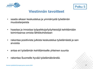 Polku 5

Viestinnän tavoitteet
• saada aikaan keskustelua ja ymmärrystä työelämän
muutostarpeista
• haastaa ja innostaa työpaikkoja/työyhteisöjä kehittämään
toimintaansa omista lähtökohdistaan
• rakentaa positiivista julkista keskustelua työelämästä ja sen
arvoista
• antaa eri työelämän kehittämiselle yhteinen suunta
• rakentaa Suomelle hyvää työelämäbrändiä.
27

 