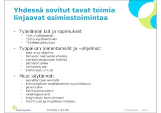 Yhdessä sovitut tavat toimia
linjaavat esimiestoimintaa

• Työelämän lait ja sopimukset
   •   Työturvallisuuslaki
   •   Työterveyshuoltolaki
   •   Työehtosopimukset

• Työpaikan toimintamallit ja –ohjelmat:
   •   tasa-arvo-ohjelma
   •   henkisen väkivallan ehkäisy
   •   sairauspoissaolojen hallinta
   •   päihdeohjelma
   •   varhainen tuki
   •   työhönpaluun tuki

• Muut käytännöt:
   •   nykytilanteen arviointi
   •   työntekijöiden osallistuminen suunnitteluun
   •   perehdytys
   •   kehityskeskustelut
   •   yksikköpalaverit
   •   työyhteisön kehittäminen
   •   ristiriitojen ja ongelmien ratkaisu

                     Kirsi Ahola / 14.2.2011         © ղöٱٴǲ – www.ttl.fi
 