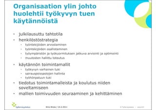 Organisaation ylin johto
huolehtii työkyvyn tuen
käytännöistä

• julkilausuttu tahtotila
• henkilöstöstrategia
   •   työntekijöiden arvostaminen
   •   työntekijöiden osallistaminen
   •   työympäristön ja työkuormituksen jatkuva arviointi ja optimointi
   •   muutosten hallittu toteutus

• käytännön toimintamallit
   •   työkyvyn varhainen tuki
   •   sairauspoissaolojen hallinta
   •   työhönpaluun tuki
• tiedotus toimintamalleista ja koulutus niiden
  soveltamiseen
• mallien toimivuuden seuraaminen ja kehittäminen


                     Kirsi Ahola / 14.2.2011                              © ղöٱٴǲ – www.ttl.fi
 