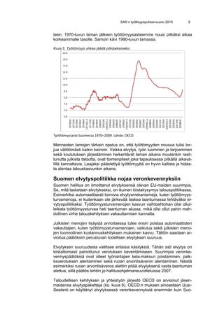SAK:n työllisyyspuheenvuoro 2010    9


teen. 1970-luvun laman jälkeen työttömyysasteemme nousi pitkäksi aikaa
korkeammalle tasolle. Samoin kävi 1990-luvun lamassa.

Kuva 5. Työttömyys uhkaa jäädä pitkäaikaiseksi.




Työttömyysaste Suomessa 1970–2009. Lähde: OECD. 

Menneiden lamojen tärkein opetus on, että työttömyyden nousua tulisi tor-
jua välittömästi kaikin keinoin. Vaikka elvytys, työn luominen ja tarjoaminen
sekä koulutuksen järjestäminen heikentävät laman aikana muutenkin rasit-
tunutta julkista taloutta, ovat toimenpiteet joka tapauksessa pitkällä aikavä-
lillä kannattavia. Laajaksi päästettyä työttömyyttä on hyvin kallista ja hidas-
ta alentaa talouskasvunkin aikana.

Suomen elvytyspolitiikka nojaa veronkevennyksiin
Suomen hallitus on ilmoittanut elvytyksensä olevan EU-maiden suurimpia.
Se, mitä lasketaan elvytykseksi, on ikuinen kiistakysymys talouspolitiikassa.
Esimerkiksi automaattisesti toimivia elvytysmekanismeja, kuten työttömyys-
turvamenoja, ei kuitenkaan ole järkevää laskea taantumassa tehtäväksi el-
vytyspolitiikaksi. Työttömyysturvamenojen kasvun vaihtoehtohan olisi ollut-
leikata työttömyysturvaa heti taantuman alussa, mikä olisi ollut pahin mah-
dollinen virhe talouskehityksen vakauttamisen kannalta.

Julkisten menojen lisäystä arvioitaessa tulee ensin poistaa automaattisten
vakauttajien, kuten työttömyysturvamenojen, vaikutus sekä julkisten meno-
jen luonnollinen kustannuskehityksen mukainen kasvu. Tällöin saadaan ar-
vioitua päätöksiin perustuvan todellisen elvytyksen suuruus.

Elvytyksen suuruudesta vallitsee erilaisia käsityksiä. Tähän asti elvytys on
kiistattomasti painottunut verotuksen keventämiseen. Suurimpia veronke-
vennyspäätöksiä ovat olleet työnantajien kela-maksun poistaminen, palk-
kaverotuksen alentaminen sekä ruoan arvonlisäveron alentaminen. Näistä
esimerkiksi ruoan arvonlisäveroa alettiin pitää elvytyksenä vasta taantuman
alettua, sillä päätös tehtiin jo hallitusohjelmaneuvotteluissa 2007.

Taloudellisen kehityksen ja yhteistyön järjestö OECD on arvioinut jäsen-
maidensa elvytyspaketteja (ks. kuva 6). OECD:n mukaan ainoastaan Uusi-
Seelanti on käyttänyt elvytyksessä veronkevennyksiä enemmän kuin Suo-
 