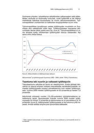 SAK:n työllisyyspuheenvuoro 2010                  11




Suomessa yritysten, työpaikkansa säilyttäneiden palkansaajien sekä eläke-
läisten verotusta on kevennetty tuntuvasti, mutta työttömille ei ole riittänyt
merkittävää lisärahaa koulutukseen tai muihin aktiivitoimenpiteisiin. Työ-
voimapolitiikan unohtaminen on hallituksen elvytyspolitiikan suurin virhe.

Työvoimapolitiikan kyvyttömyys vastata työttömyyden muutoksiin on Suo-
messa ollut valitettavasti maan tapa. Työttömyysasteen kasvaessa akti-
vointiaste alenee lähes peilikuvana (ks. kuva 8). Työvoimapolitiikkaa ei vii-
me lamassa kyetty mitoittamaan työttömyyden kasvua vastaavaksi. Nyt
sama virhe uhkaa toistua.




Kuva 8. Aktivointiaste on kääntynyt taas laskuun.
 
Aktivointiaste1 ja työttömyysaste Suomessa 1990 – 2009. Lähde: TEM ja Tilastokeskus. 

Taantuma iski nuoriin ja vaikeasti työllistyviin
Taloustaantuma vaikuttaa eri tavoin eri väestöryhmiin. Koska globaali talo-
uskriisi on iskenyt erityisen rankasti miesvaltaisille vientiteollisuusaloille, on
miesten työttömyysaste noussut voimakkaammin kuin naisten työttömyys-
aste. Vuonna 2009 miesten työttömyysaste oli 8,9 prosenttia ja naisten 7,6
prosenttia.

Ikäryhmistä erityisesti nuorten (15–29-vuotiaiden) työmarkkinatilanne on
heikentynyt rajusti. Nousukauden huipulla vuonna 2008 nuorten työttö-
myysaste oli huimat 12 prosenttia ja taantumassa se on ponnahtanut yli 16
prosenttiin (kuva 9). Ikääntyneiden työttömyysaste ei ole kohonnut yhtä no-
peasti. Ilmiötä selittää siirtymä pois työvoimasta eläkkeelle.




1
 TEM:n käyttämä aktivointiaste, eli toimenpiteillä olevien osuus työttömien ja toimenpiteillä olevien lu-
kumäärästä.
 