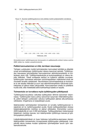 18     SAK:n työllisyyspuheenvuoro 2010




  Kuva 11. Suomen työttömyysturva ei ole antelias muihin pohjoismaihin verrattuna.




Ansiosidonnaisen  työttömyysturvan  korvausaste  eri  palkkatasoilla  eräissä  maissa  vuonna 
2009. Lähde: ko. maiden sosiaaliministeriöt. 

Pelkkä kannustaminen ei riitä, tarvitaan resursseja
Tehtyjen uudistusten myötä työnhakijoiden kannusteet kehittää ja ylläpitää
omaa ammattitaitoaan työttömyyden aikana kasvoivat selvästi. Työttömyy-
den kasvaessa työnhakijoiden kannustaminen aktiivitoimenpiteisiin ei kui-
tenkaan yksin riitä. Työllistymispalveluita ja koulutuspaikkoja on oltava tar-
jolla riittävästi. Tässä suhteessa kehitys on kulkenut väärään suuntaan:
työttömyyden kasvaessa aktiivisen työvoimapolitiikan määrärahat eivät ole
nousseet tarvetta vastaavasti. Seurauksena työvoimapalveluja ja koulutus-
ta ei ole tarjolla riittävästi ja suuri osa aktiivitoimenpiteisiin haluavista työn-
hakijoista on jäänyt niiden ulkopuolelle. Kannustamisen ohella on pidettävä
huolta siitä, että mielekkäitä aktiivivaihtoehtoja todella on tarjolla.

Toimeentulo on turvattava myös työttömyyden pitkittyessä
Työttömyysturvauudistus vaikuttaa työllisyyteen lähinnä työvoiman tarjon-
nassa. Työttömyyden kasvu johtuu työvoiman kysynnän riittämättömyydes-
tä, jolloin tehtyjen uudistusten vaikutus työllisyyteen jäänee alkuvaiheessa
vähäiseksi. Ongelmana on työpaikkojen puute.

Ikääntyneiden työnhakijoiden toimeentulo on turvattu työttömyysturvan li-
säpäivien eli ns. työttömyysputken avulla. Hyvän työllisyystilanteen oloissa
lisäpäiväjärjestelmän merkitys on jäänyt vähäiseksi. Esimerkiksi vuonna
2009 lisäpäivillä oli noin 5 000 työnhakijaa. Työllisyystilanteen heikentyessä
lisäpäivien merkitys kasvaa, kun ikääntyneiden työttömyys kasvaa ja työt-
tömyysjaksot pitkittyvät.

Lisäpäiväjärjestelmässä on kyse heikossa työmarkkina-asemassa olevien
ikääntyneiden toimeentulon turvaamisesta työttömyyden pitkittyessä. Lisä-
päivillä olevia koskee muiden työttömien työnhakijoiden tavoin työn vas-
taanottovelvoite.
 