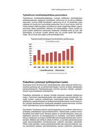 SAK:n työllisyyspuheenvuoro 2010      21


Työhallinnon henkilöstöpolitiikkaa parannettava
Työhallinnon henkilöstötilinpäätösten mukaan työttömien työnhakijoiden
asiakaspalvelusta vastaavan henkilöstön vaihtuvuus on suurta ja edelleen
kasvussa. Vuonna 2008 henkilöstön vaihtuvuus oli yli 16 prosenttia, josta
valtaosa oli muuta kuin luonnollista poistumaa. Se on suuri osuus mihin ta-
hansa toiseen hallinnonalaan verrattuna ja viestii ongelmista töiden organi-
soinnissa. Myös henkilöstön riittävyys on kyseenalaista. Viime vuoden lo-
pulla kutakin työttömien palvelusta vastaavaa virkailijaa kohti oli noin 160
työnhakijaa, ja kuluvan vuoden aikana luku voi nousta peräti 200 työttö-
mään. Se on aivan liian paljon yhtä työntekijää kohti.




Paikallinen yhteistyö työllistymisen tueksi
Suomessa toimii 39 työvoiman palvelukeskusta, jotka tarjoavat työhön kun-
touttavia palveluja työ- ja elinkeinotoimistojen, kunnan ja Kelan asiakkaiden
palveluyhteistyönä. Palvelukeskusten toiminta perustuu tahojen vapaaeh-
toiseen sopimukselliseen yhteistyöhön.

Paikallista yhteistyötä on tarpeen tiivistää erityisesti vaikeasti työllistyvien
tueksi. Työvoiman palvelukeskuksille tulisi saada pysyvä toimintamalli. Sa-
malla kuntien vastuuta työllistämisen tukemisesta pitää lisätä. Vaikeasti
työllistyvien palveluntarpeen ja työllistymismahdollisuuksien arvioinnissa tu-
lisi nykyistä tehokkaammin hyödyntää paikallista asiantuntemusta. Kuntien
roolin vahvistaminen työvoimapolitiikassa olisi luontevaa.

Esimerkiksi Tanskassa julkinen työvoimapalvelu ja kunnallinen aktivointi on
yhdistetty paikallistason työvoimatoimistoihin. Kokemukset uudesta toimin-
tamallista ovat olleet hyviä. Samaan tapaan on toimittu Norjassa, jossa pai-
kallistason työvoima- ja sosiaalipalvelut on yhdistetty. Suomessa voitaisiin
liikkua vastaavaan suuntaan kehittämällä työvoimapalvelukeskusten toimin-
tamallia. Mallista olisi tehtävä valtakunnallinen, ja samalla palvelukeskusten
roolia työvoimapolitiikan toimeenpanossa voitaisiin kasvattaa nykyisestä.
Pitäisi myös selvittää, voisiko palvelukeskuksilla olla kokonaisvaltainen vas-
tuu esimerkiksi kaikkien työmarkkinatukea saavien työttömien palveluista.
 