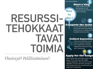RESURSSI-
TEHOKKAAT
TAVAT
TOIMIA
Yhteistyö? Pelillistäminen?
Kuva: Outi Loikkanen
 