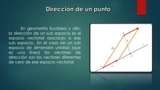 En geometría Euclídea y afín,
la dirección de un sub espacio es el
espacio vectorial asociado a ese
sub espacio.. En el caso de un sub
espacio de dimensión unidad (que
es una línea) los vectores de
dirección son los vectores diferentes
de cero de ese espacio vectorial.
 