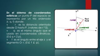 En el sistema de coordenadas
esféricas un punto P del espacio se
representa por un trío ordenado
(r, q, f) donde:
v r es la distancia orientada
desde O hasta P, (valores de r ³ 0).
v q es el mismo ángulo que el
usado en coordenadas cilíndricas,
(0 £ q < 2 p).
v f es el ángulo entre el eje z y el
segmento O- r, (0 £ f £ p).
 