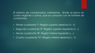 El sistema de coordenadas cartesianas divide al plano en
cuatro regiones o zonas, que se conocen con el nombre de
cuadrantes:
• Primer cuadrante "I": Región superior derecha (+. +)
• Segundo cuadrante "II": Región superior izquierda (+, -)
• Tercer cuadrante "III": Región inferior izquierda (-, -)
• Cuarto cuadrante "IV": Región inferior derecha (-, +)
 