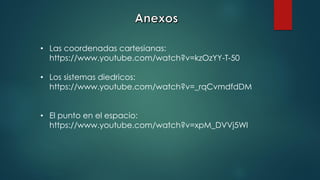 • Las coordenadas cartesianas:
https://www.youtube.com/watch?v=kzOzYY-T-50
• Los sistemas diedricos:
https://www.youtube.com/watch?v=_rqCvmdfdDM
• El punto en el espacio:
https://www.youtube.com/watch?v=xpM_DVVj5WI
 