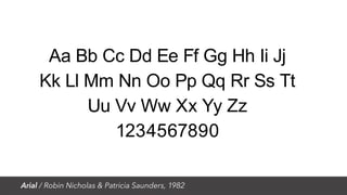 Aa Bb Cc Dd Ee Ff Gg Hh Ii Jj
Kk Ll Mm Nn Oo Pp Qq Rr Ss Tt
Uu Vv Ww Xx Yy Zz
1234567890
Arial / Robin Nicholas & Patricia Saunders, 1982
 