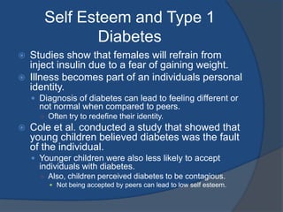 Social Anxiety and the Effects on Type 1 DiabetesBattista et al. study on social anxiety and adherenceThe higher the level of social anxiety, the less likely medical procedures were followed. Negative correlation between social anxiety and glucose control. Gender was a moderator variableMales had higher level of social anxiety when considering diet and insulin injections. Social anxiety was negatively correlated with quality of life.Social Support and Type 1 DiabetesThree types of social support: Emotional (Love, Care, Empathy, Understanding)Instrumental/Tangible (Aid and Services)Informational (Advice and Knowledge) The more social support a person with diabetes believed to possess, the more likely they were to adhere to their medical regimen. 