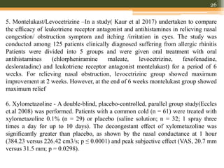 26
5. Montelukast/Levocetrizine –In a study( Kaur et al 2017) undertaken to compare
the efficacy of leukotriene receptor antagonist and antihistamines in relieving nasal
congestion/ obstruction symptom and itching /irritation in eyes. The study was
conducted among 125 patients clinically diagnosed suffering from allergic rhinitis
Patients were divided into 5 groups and were given oral treatment with oral
antihistamines (chlorpheniramine maleate, levocetrizine, fexofenadine,
desloratadine) and leukotriene receptor antagonist montelukast) for a period of 6
weeks. For relieving nasal obstruction, levocetrizine group showed maximum
improvement at 2 weeks. However, at the end of 6 weeks montelukast group showed
maximum relief
6. Xylometazoline - A double-blind, placebo-controlled, parallel group study(Eccles
et.al 2008) was performed. Patients with a common cold (n = 61) were treated with
xylometazoline 0.1% (n = 29) or placebo (saline solution; n = 32; 1 spray three
times a day for up to 10 days). The decongestant effect of xylometazoline was
significantly greater than placebo, as shown by the nasal conductance at 1 hour
(384.23 versus 226.42 cm3/s; p ≤ 0.0001) and peak subjective effect (VAS, 20.7 mm
versus 31.5 mm; p = 0.0298).
 