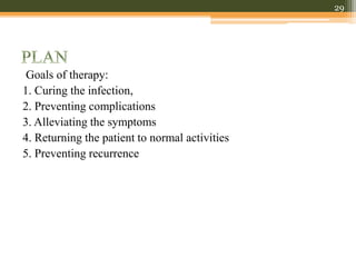 Goals of therapy:
1. Curing the infection,
2. Preventing complications
3. Alleviating the symptoms
4. Returning the patient to normal activities
5. Preventing recurrence
29
 