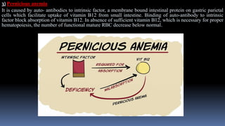 3) Pernicious anemia
It is caused by auto- antibodies to intrinsic factor, a membrane bound intestinal protein on gastric parietal
cells which facilitate uptake of vitamin B12 from small intestine. Binding of auto-antibody to intrinsic
factor block absorption of vitamin B12. In absence of sufficient vitamin B12, which is necessary for proper
hematopoiesis, the number of functional mature RBC decrease below normal.
 