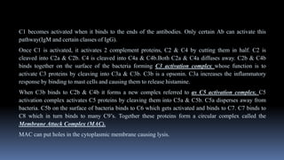 C1 becomes activated when it binds to the ends of the antibodies. Only certain Ab can activate this
pathway(IgM and certain classes of IgG).
Once C1 is activated, it activates 2 complement proteins, C2 & C4 by cutting them in half. C2 is
cleaved into C2a & C2b. C4 is cleaved into C4a & C4b.Both C2a & C4a diffuses away. C2b & C4b
binds together on the surface of the bacteria forming C3 activation complex whose function is to
activate C3 proteins by cleaving into C3a & C3b. C3b is a opsonin. C3a increases the inflammatory
response by binding to mast cells and causing them to release histamine.
When C3b binds to C2b & C4b it forms a new complex referred to as C5 activation complex. C5
activation complex activates C5 proteins by cleaving them into C5a & C5b. C5a disperses away from
bacteria. C5b on the surface of bacteria binds to C6 which gets activated and binds to C7. C7 binds to
C8 which in turn binds to many C9’s. Together these proteins form a circular complex called the
Membrane Attack Complex (MAC).
MAC can put holes in the cytoplasmic membrane causing lysis.
 