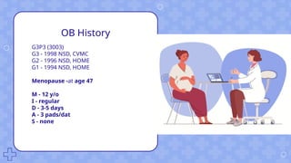 OB History
G3P3 (3003)
G3 - 1998 NSD, CVMC
G2 - 1996 NSD, HOME
G1 - 1994 NSD, HOME
Menopause -at age 47
M - 12 y/o
I - regular
D - 3-5 days
A - 3 pads/dat
S - none
 
