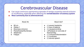 Cerebrovascular Disease
● Can cause continuous spontaneous episodes of vertigo caused by arterial occlusion
or insufficiency, especially when affecting the vertebrobasilar circulatory system
● Most commonly due to atherosclerosis
RULE IN RULE OUT
● 68 y/o
● Obese 1
● Dizziness (chronic)
● Paresthesias/Numbness
● Weakness
● Fatigue
● (-) severe headache
● (-) loss of balance
● (-) nausea/vomiting
● (-)Paralysis on one side of
face/arm/leg
● (-) confusion/disorientation
● (-) numbness
● (-) slurred speech
 