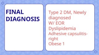 Type 2 DM, Newly
diagnosed
W/ EOR
Dyslipidemia
Adhesive capsulitis-
right
Obese 1
FINAL
DIAGNOSIS
 