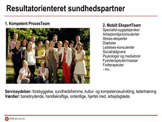 Resultatorienteret sundhedspartner 2. Mobilt EkspertTeam Specialist-sygeplejersker Arbejdsmiljø-konsulenter Stress-eksperter Diætister Ledelses-konsulenter Socialrådgivere Psykologer og mediatorer Fysioterapeuter/massør Fodterapeuter - mv.  1. Kompetent ProcesTeam Serviceydelser:  forebyggelse, sundhedsfremme, kultur- og kompetenceudvikling, ledertræning Værdier:  banebrydende, handlekraftige, ordentlige, hjertet med, arbejdsglæde. 