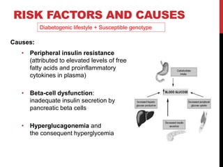 RISK FACTORS AND CAUSES
Causes:
• Peripheral insulin resistance
(attributed to elevated levels of free
fatty acids and proinflammatory
cytokines in plasma)
• Beta-cell dysfunction:
inadequate insulin secretion by
pancreatic beta cells
• Hyperglucagonemia and
the consequent hyperglycemia
Diabetogenic lifestyle + Susceptible genotype
 