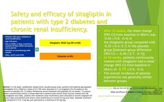 Safety and efficacy of sitagliptin in
patients with type 2 diabetes and
chronic renal insufficiency. • After 12 weeks, the mean change
[95% CI] from baseline in HbA1c was
-0.6% (-0.8, -0.4) in
the sitagliptin group compared with
-0.2% (-0.4, 0.1) in the placebo
group [between-group difference
(95% CI) = -0.4% (-0.7, -0.1)].
• At 54 weeks, patients continuously
treated with sitagliptin had a mean
change (95% CI) from baseline in
HbA1c of -0.7% (-0.9, -0.4).
• The overall incidence of adverse
experiences was generally similar
between groups.
Method: In a 54-week, randomized, double-blind, parallel-group study, patients with baseline glycosylated
haemoglobin A(1c) (HbA(1c)) values of 6.5-10% were allocated (2:1) to sitagliptin (for 54 weeks) or the
sequence of placebo (for 12 weeks) followed by active treatment with glipizide (for 42 weeks). To achieve
plasma concentrations similar to those observed in patients with normal renal function treated with 100
mg sitagliptin once daily, patients with moderate renal insufficiency were allocated to receive sitagliptin 50
mg once daily and patients with severe renal insufficiency to receive 25 mg once daily. Glipizide treatment
was initiated at 2.5 or 5 mg/day and uptitrated to a maximum of 20 mg/day.
Diabetes Obes Metab. 2008 Jul;10(7):545-55. doi: 10.1111/j.1463-1326.2008.00914.x. Epub
2008 Jun 1.
Safety and efficacy of sitagliptin in patients with type 2 diabetes and
chronic renal insufficiency.
Chan JC, Scott R, Arjona Ferreira JC, Sheng D, Gonzalez E, Davies MJ, Stein PP, Kaufman
KD, Amatruda JM, Williams-Herman D.
 