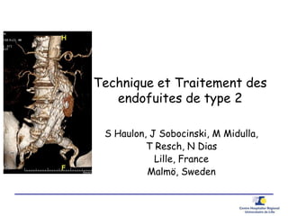 Technique et Traitement des
endofuites de type 2
S Haulon, J Sobocinski, M Midulla,
T Resch, N Dias
Lille, France
Malmö, Sweden
 