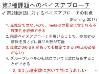 第2種課題へのベイズアプローチ
12
✔︎ 第2種課題に対するベイズアプローチの利点
(Fleming, 2017)
1. 点推定ではないので，meta-d’の推定に含まれる不
確実性を評価できる
2. 階層ベイズアプローチを用いることで，参加者の
情報を潰さずに群間比較が可能
3. 度数が0のセルがあっても推定できる (補正の必要
がない)
4. グループレベルの仮説について自然に解釈するこ
とができる
2, 3は心理実験において特にうれしい
 