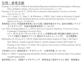 引用・参考文献
Fleming, S. M. (2017). HMeta-d: hierarchical Bayesian estimation of metacognitive efficiency
from confidence ratings. Neuroscience of Consciousness, 1, 1-14.
Fleming, S. M., & Lau, H. C. (2014). How to measure metacognition. Frontiers in human
neuroscience, 8, 1-9.
Galvin, S. J., Podd, J. V., Drga, V., & Whitmore, J. (2003). Type 2 tasks in the theory of signal
detectability: Discrimination between correct and incorrect decisions. Psychonomic
Bulletin & Review, 10, 843-876.
草薙邦広 (2018). 外国語教育研究における第二種信号検出モデル: 基本の理解とベイジ
アンモデリング 広島外国語教育研究, 21, 169-185.
Lee, M.D., & Wagenmakers, E. J. (2013). Bayesian Cognitive Modeling: A Practical Course.
Cambridge: Cambridge University Press.
(リー, M. D. & ワーゲンメイカーズ, E. J. 井関龍太(訳) 岡田謙介(解説) (2017).
『ベイズ統計で実践モデリング 認知モデルのトレーニング』 北大路書房)
Maniscalco, B., & Lau, H. C. (2014). Signal detection theory analysis of Type 1 and Type 2
data: Meta-d’, response-specific Meta-d’, and the unequal variance SDT model. In:
Fleming, S. M., Frith, C. D. (Eds), The Cognitive Neuroscience of Metacognition. Berlin
Heidelberg: Springer, 2014.
三好清文 (2016). 再認記憶データモデリング 心理学評論, 59, 367-386.
Pallier, C. (2002). Computing discriminability and bias with the R software (http://www.pallier.
org/pdfs/aprime.pdf)
豊田秀樹 (2017). 『実践ベイズモデリング：解析技法と認知モデル』東京：朝倉書店.
 