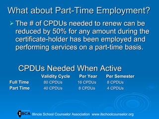 What about Part-Time Employment? The # of CPDUs needed to renew can be reduced by 50% for any amount during the certificate-holder has been employed and performing services on a part-time basis. CPDUs Needed When Active Validity Cycle   Per Year  Per Semester Full Time   80 CPDUs   16 CPDUs   8 CPDUs Part Time   40 CPDUs   8 CPDUs   4 CPDUs Illinois School Counselor Association  www.ilschoolcounselor.org Illinois School Counselor Association  www.ilschoolcounselor.org 