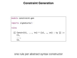 Constraint Generation
module constraint-gen
imports signatures/-
rules
[[ Constr(t1, ..., tn) ^ (s1, …, sn) : ty ]] :=
C1,
...,
Cn.
one rule per abstract syntax constructor
 