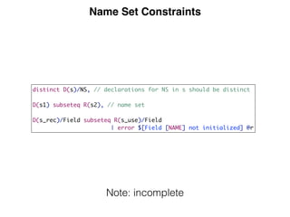 Name Set Constraints
distinct D(s)/NS, // declarations for NS in s should be distinct
D(s1) subseteq R(s2), // name set
D(s_rec)/Field subseteq R(s_use)/Field
| error $[Field [NAME] not initialized] @r
Note: incomplete
 