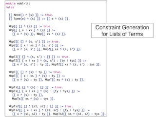 module nabl-lib
rules
[[ None() ^ (s) ]] := true.
[[ Some(e) ^ (s) ]] := [[ e ^ (s) ]].
Map[[ [] ^ (s) ]] := true.
Map[[ [ x | xs ] ^ (s) ]] :=
[[ x ^ (s) ]], Map[[ xs ^ (s) ]].
Map2[[ [] ^ (s, s') ]] := true.
Map2[[ [ x | xs ] ^ (s, s') ]] :=
[[ x ^ (s, s') ]], Map2[[ xs ^ (s, s') ]].
MapT2[[ [] ^ (s, s') : [] ]] := true.
MapT2[[ [ x | xs ] ^ (s, s') : [ty | tys] ]] :=
[[ x ^ (s, s') : ty ]], MapT2[[ xs ^ (s, s') : tys ]].
MapT[[ [] ^ (s) : ty ]] := true.
MapT[[ [ x | xs ] ^ (s) : ty ]] :=
[[ x ^ (s) : ty ]], MapT[[ xs ^ (s) : ty ]].
MapTs[[ [] ^ (s) : [] ]] := true.
MapTs[[ [ x | xs ] ^ (s) : [ty | tys] ]] :=
[[ x ^ (s) : ty ]],
MapTs[[ xs ^ (s) : tys ]].
MapTs2[[ [] ^ (s1, s2) : [] ]] := true.
MapTs2[[ [ x | xs ] ^ (s1, s2) : [ty | tys] ]] :=
[[ x ^ (s1, s2) : ty ]], MapTs2[[ xs ^ (s1, s2) : tys ]].
Constraint Generation
for Lists of Terms
 