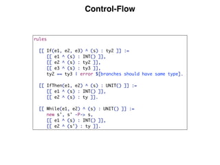 Control-Flow
rules
[[ If(e1, e2, e3) ^ (s) : ty2 ]] :=
[[ e1 ^ (s) : INT() ]],
[[ e2 ^ (s) : ty2 ]],
[[ e3 ^ (s) : ty3 ]],
ty2 == ty3 | error $[branches should have same type].
[[ IfThen(e1, e2) ^ (s) : UNIT() ]] :=
[[ e1 ^ (s) : INT() ]],
[[ e2 ^ (s) : ty ]].
[[ While(e1, e2) ^ (s) : UNIT() ]] :=
new s', s' -P-> s,
[[ e1 ^ (s) : INT() ]],
[[ e2 ^ (s') : ty ]].
 