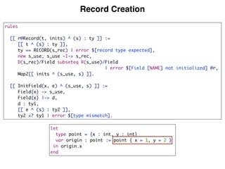 Record Creation
rules
[[ r@Record(t, inits) ^ (s) : ty ]] :=
[[ t ^ (s) : ty ]],
ty == RECORD(s_rec) | error $[record type expected],
new s_use, s_use -I-> s_rec,
D(s_rec)/Field subseteq R(s_use)/Field
| error $[Field [NAME] not initialized] @r,
Map2[[ inits ^ (s_use, s) ]].
[[ InitField(x, e) ^ (s_use, s) ]] :=
Field{x} -> s_use,
Field{x} |-> d,
d : ty1,
[[ e ^ (s) : ty2 ]],
ty2 <? ty1 | error $[type mismatch].
let
type point = {x : int, y : int}
var origin : point := point { x = 1, y = 2 }
in origin.x
end
 