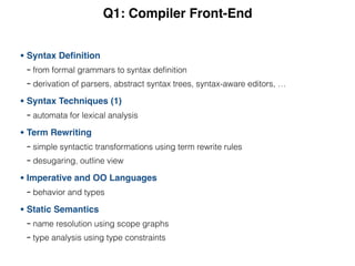 Q1: Compiler Front-End
• Syntax Deﬁnition
- from formal grammars to syntax deﬁnition
- derivation of parsers, abstract syntax trees, syntax-aware editors, …
• Syntax Techniques (1)
- automata for lexical analysis
• Term Rewriting
- simple syntactic transformations using term rewrite rules
- desugaring, outline view
• Imperative and OO Languages
- behavior and types
• Static Semantics
- name resolution using scope graphs
- type analysis using type constraints
 