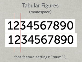 Tabular Figures 
(monospace) 
font-feature-settings: "tnum" 1; 
 