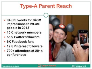 Type-A Parent Reach
 94.3K tweets for 346M








impressions to 29.3M
people in 2013
10K network members
55K Twitter followers
6K Facebook fans
12K Pinterest followers
700+ attendees at 2014
conferences

typeaparent.com

@typeaparent

 