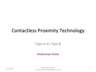 Contactless Proximity Technology Type A Vs Type B Anshuman Sinha 1/1/2005 Anshuman Sinha <anshuman.sinha2@gmail.com> 